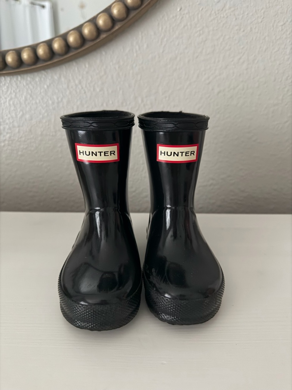 Hunter Black Kids Rain Boots with Red Logo